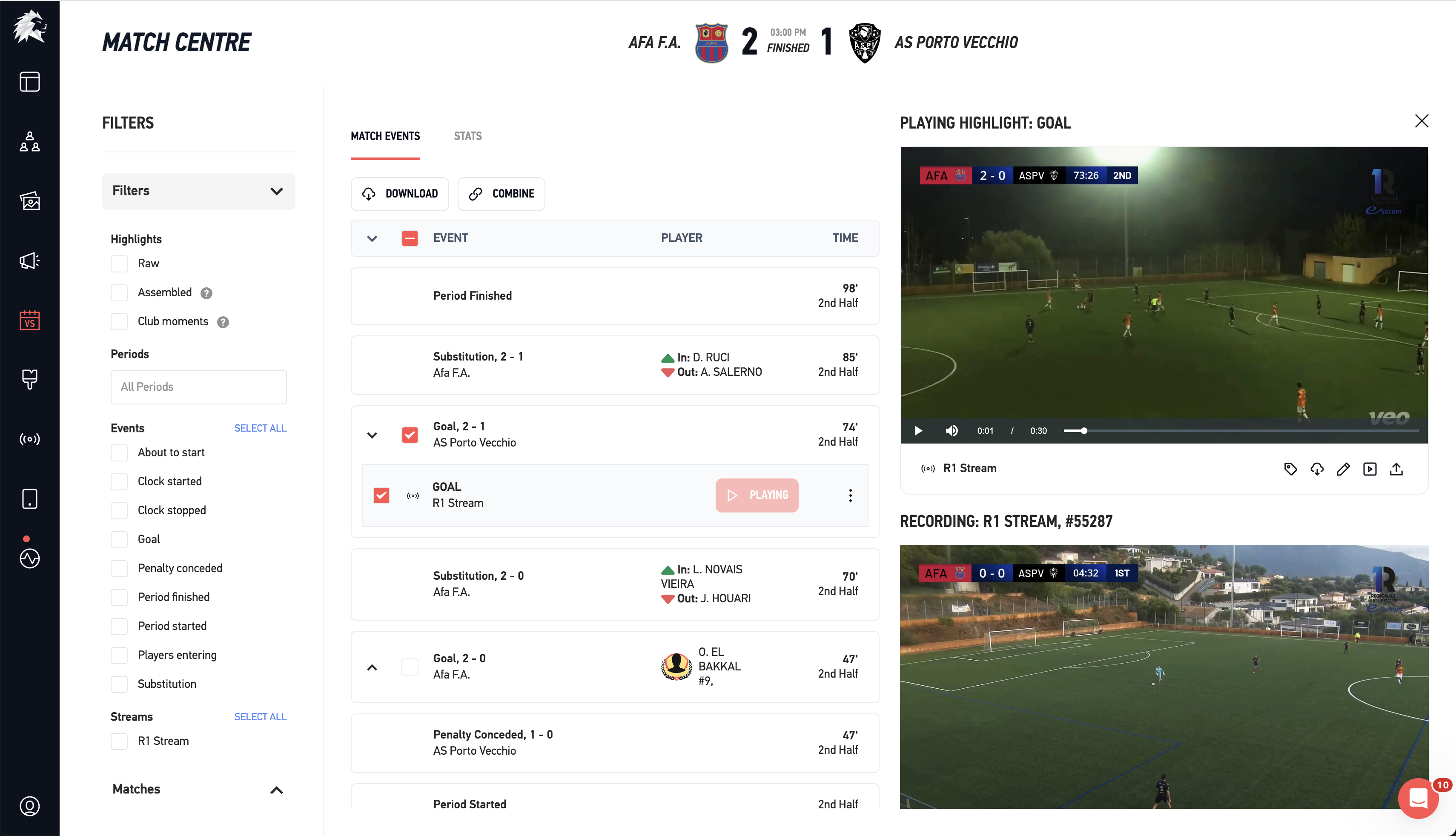 Match Centre with Livestream and Highlights