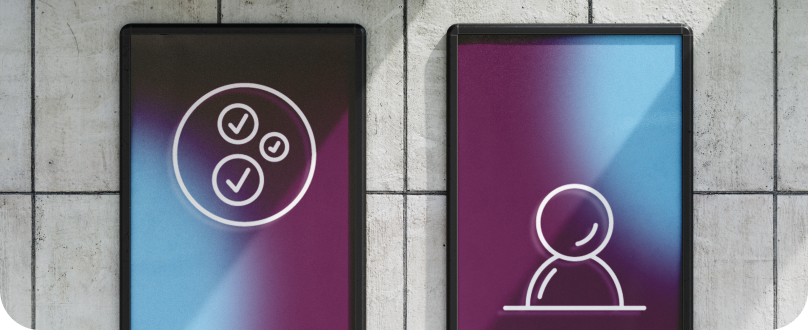 Two tablets showing a checklist icon and a person icon