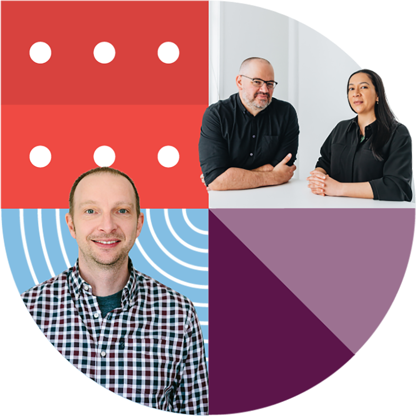 Three Redvespa consultants set among the brand's dot and half-circle shapes