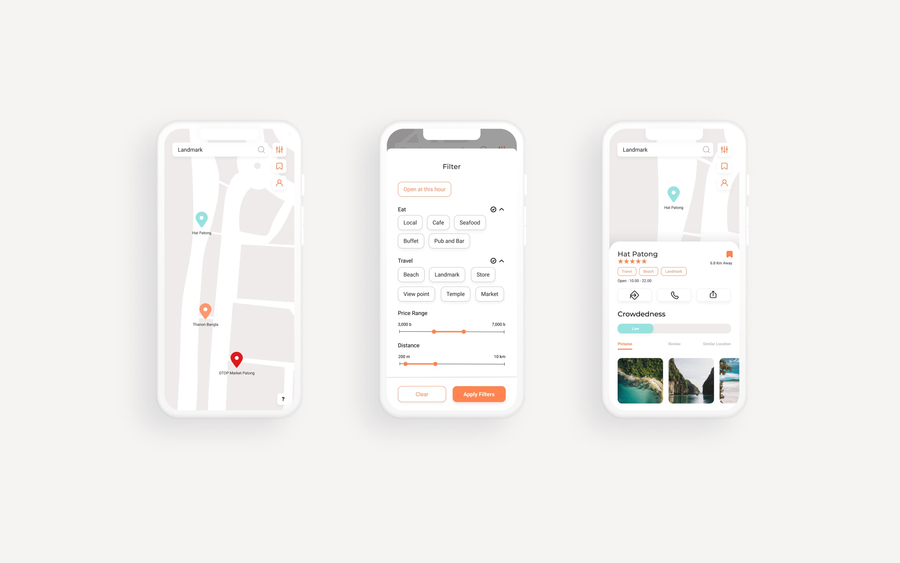 3 pages on 3 phone mockups including Home page with map of Phuket, filter and location information