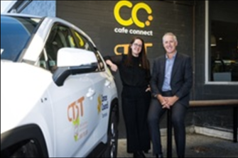 Two people next to a car