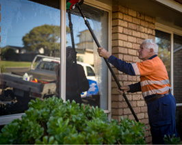 A person cleaning a window