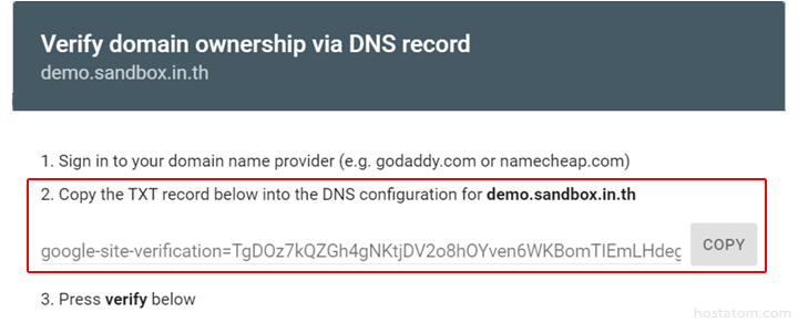 เพิ่ม TXT record ใน DNS settings (เหมาะสำหรับประเภท Domain)