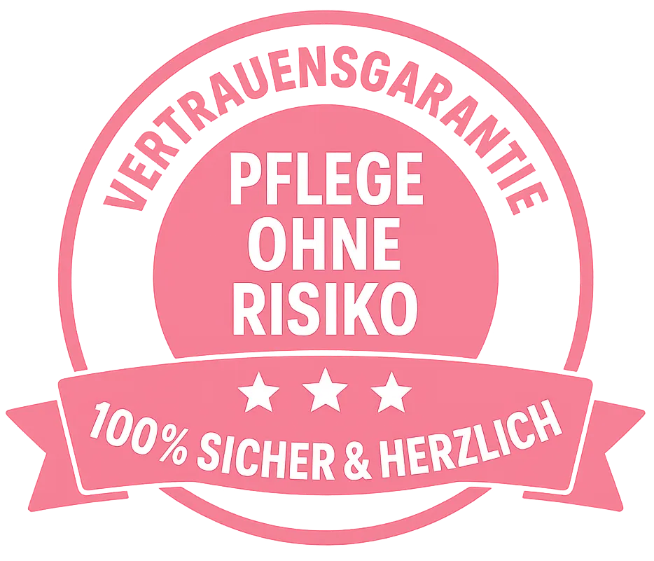 Pink circular badge with German text stating care without risk, 100% safe and heartfelt guarantee.