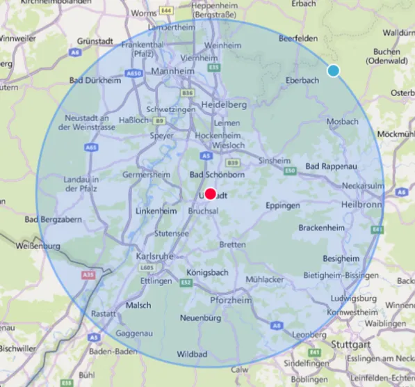 Map with a blue circle highlighting areas around Karlsruhe, Mannheim, Heidelberg, and Stuttgart in Germany, with a red dot near Bruchsal.