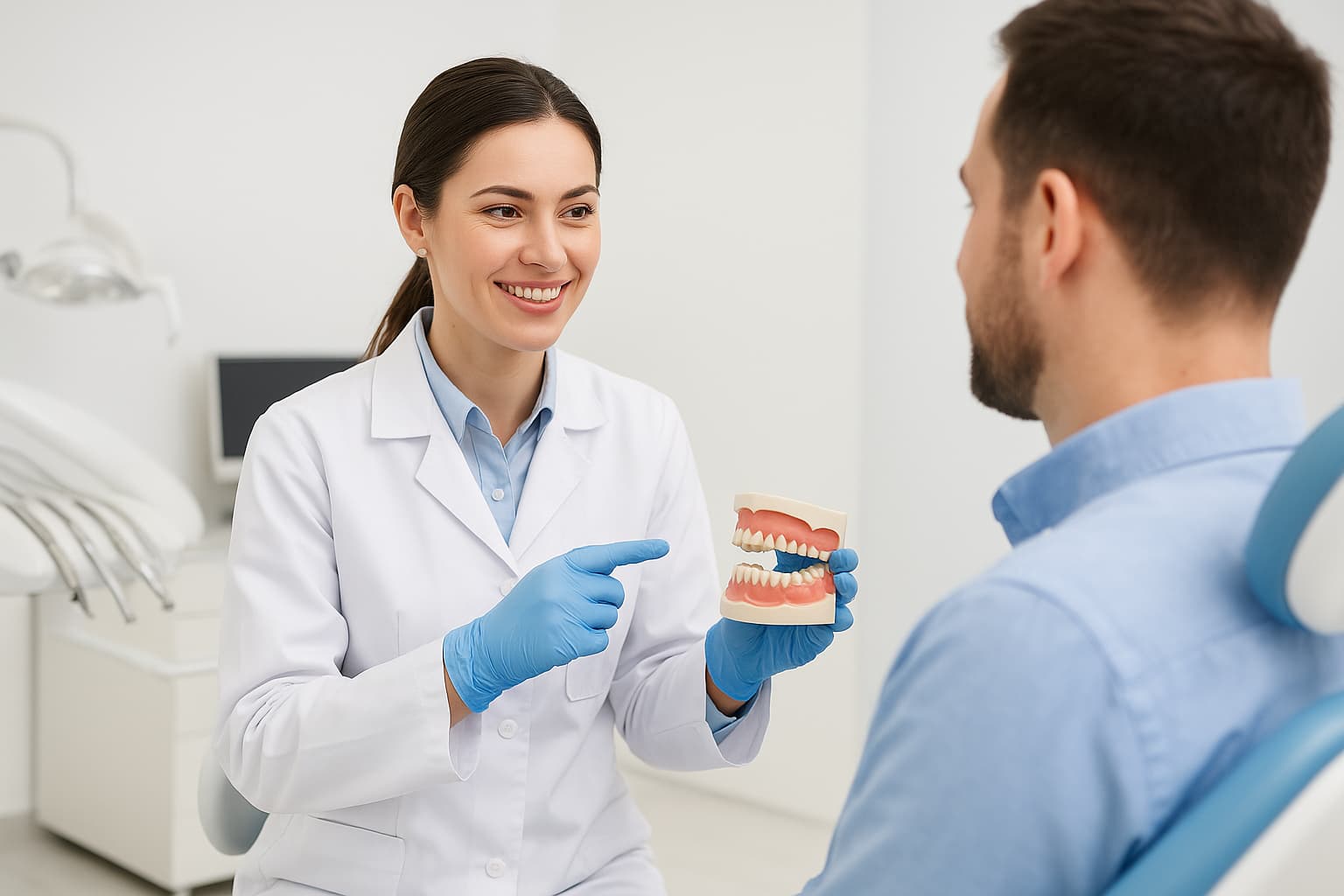 Modern dental clinic scene representing a dental implant consultation in Gloucester