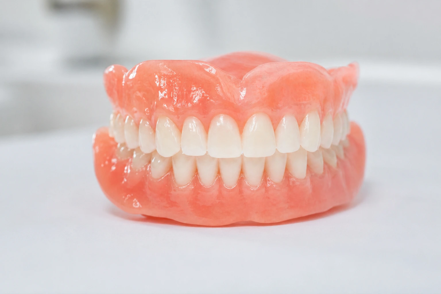 Full set of natural-looking dentures on a white surface