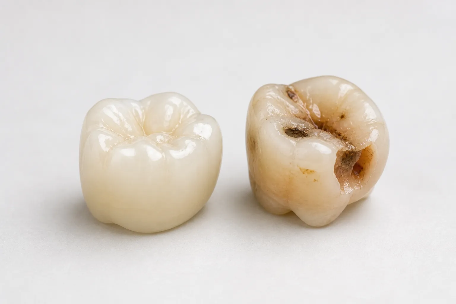 a single ceramic crown next to a damaged molar