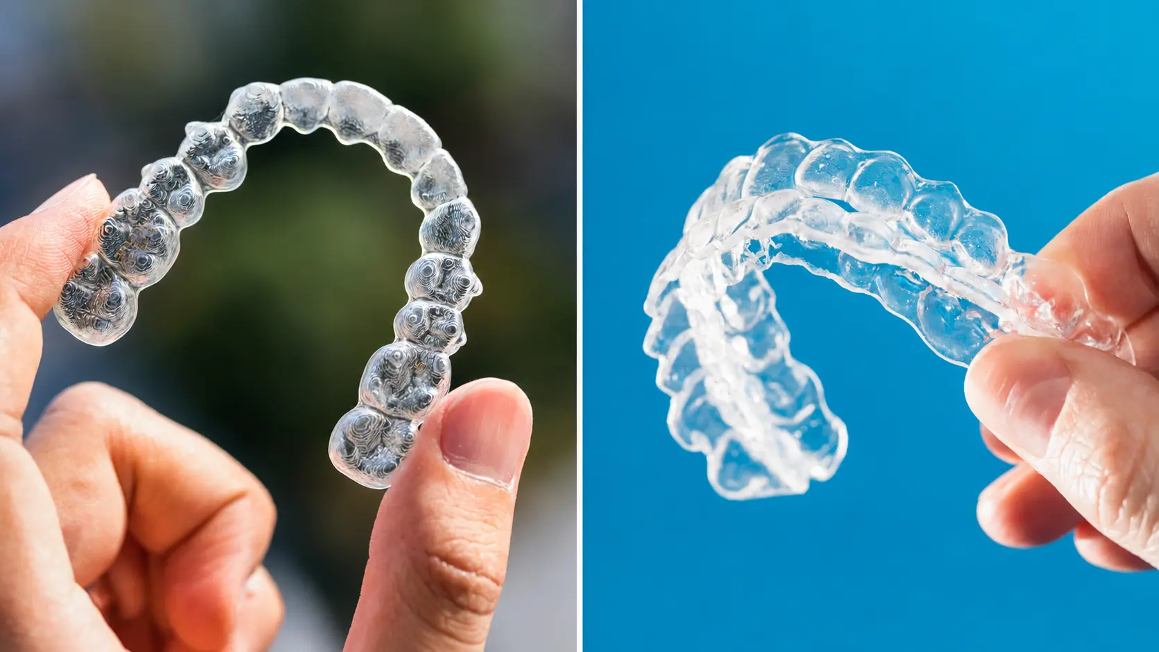 Side-by-side comparison of two clear aligner trays, illustrating the difference between Invisalign and clear aligner brands