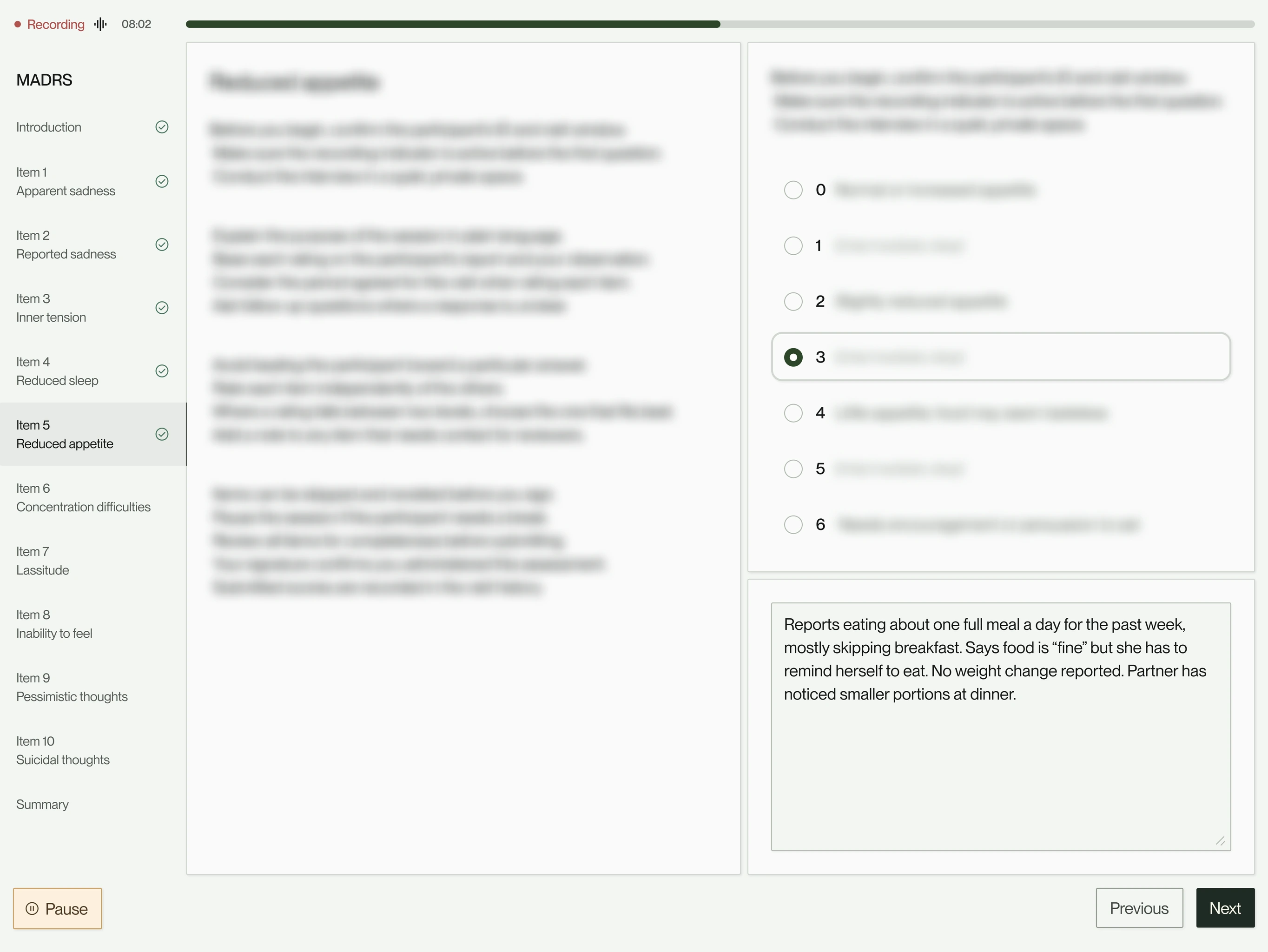 A clinician-reported assessment in progress, with recording on, item navigation, scoring and notes. Scale content blurred for licensing. Recreated with sample data.