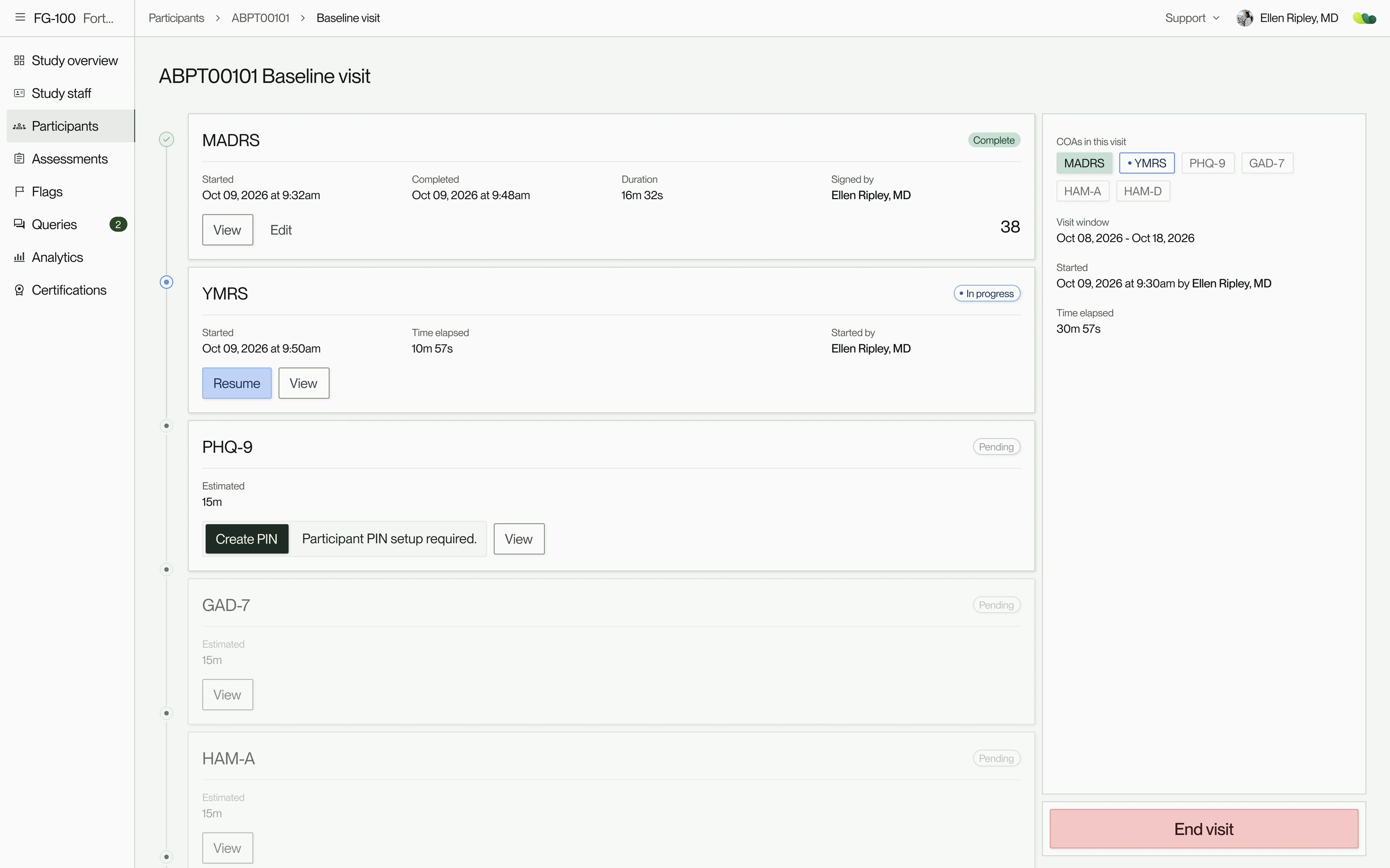 A baseline visit, showing completed, in-progress and pending assessments. Recreated with sample data.