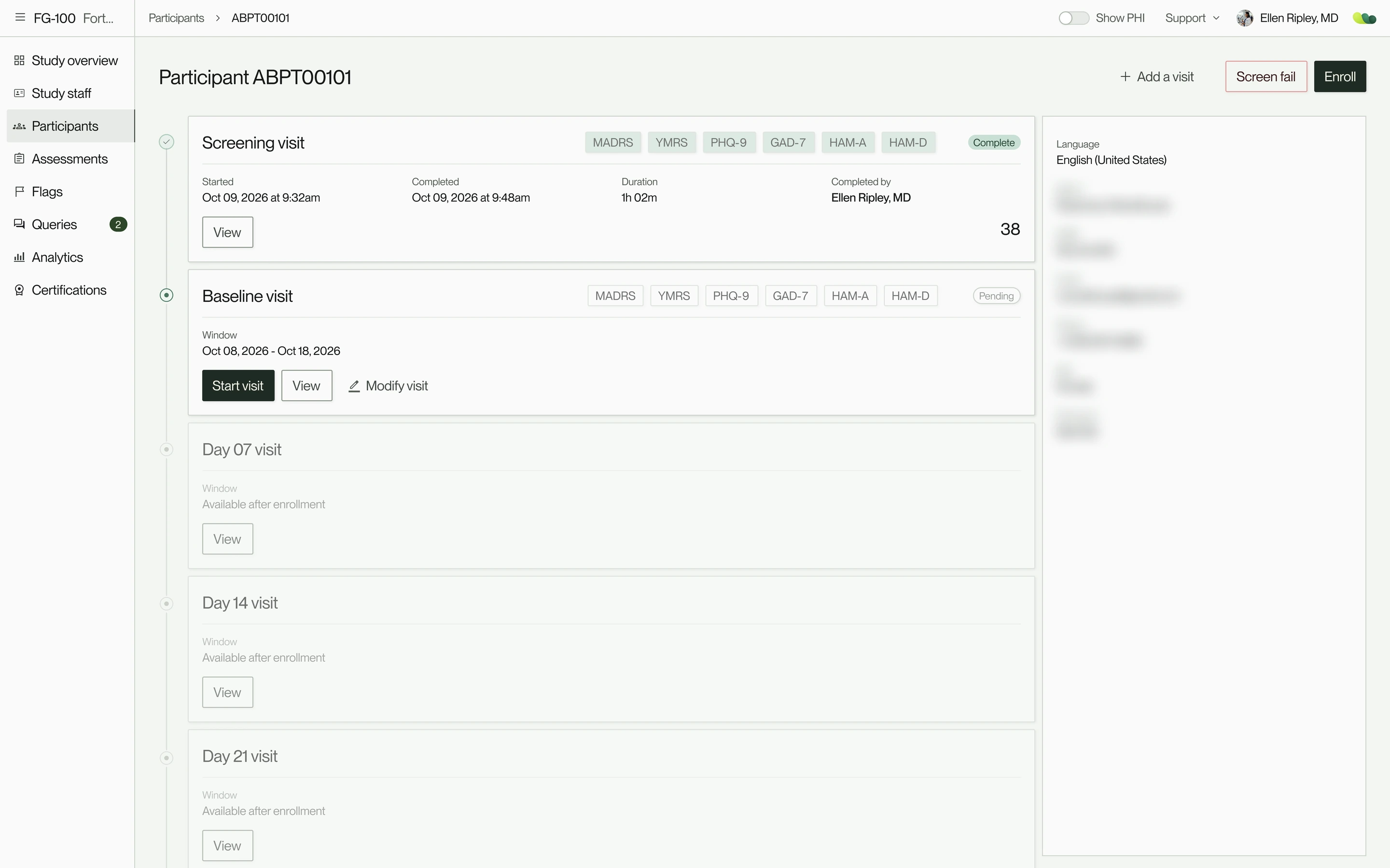 A participant’s page: a completed screening visit, a baseline visit ready to start, and later visits waiting on enrollment. Recreated with sample data.