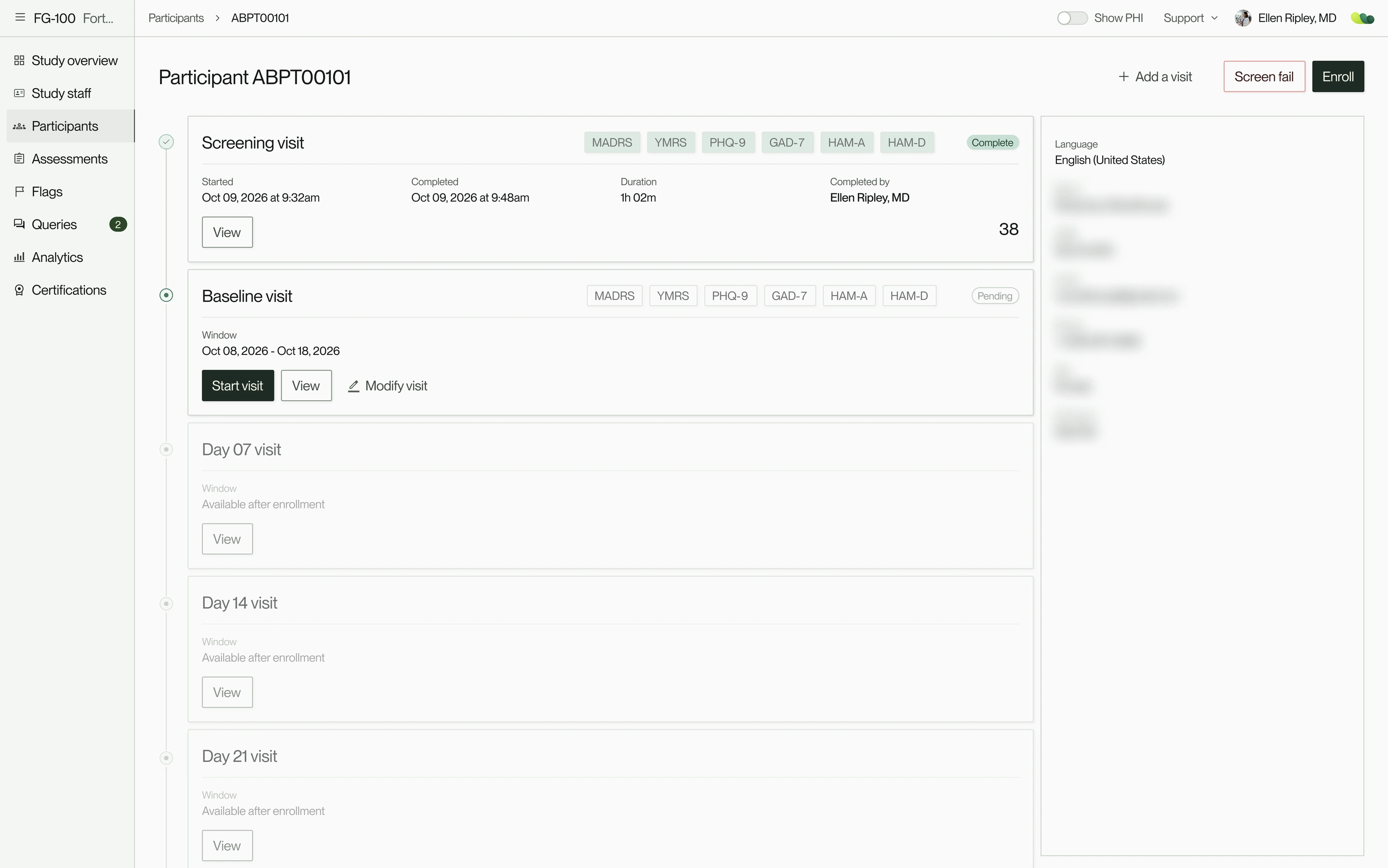 A participant’s page: a completed screening visit, a baseline visit ready to start, and later visits waiting on enrollment. Recreated with sample data.