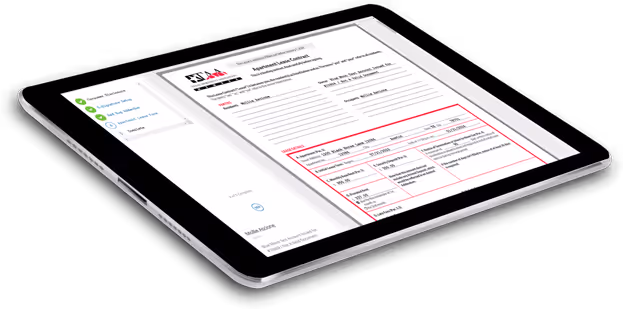 Angled digital tablet showing the ResMan Leasing product