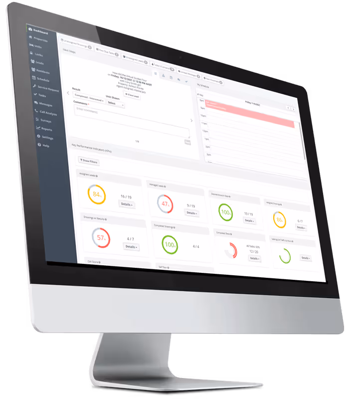 Angled desktop computer showing ResMan CRM dashboard