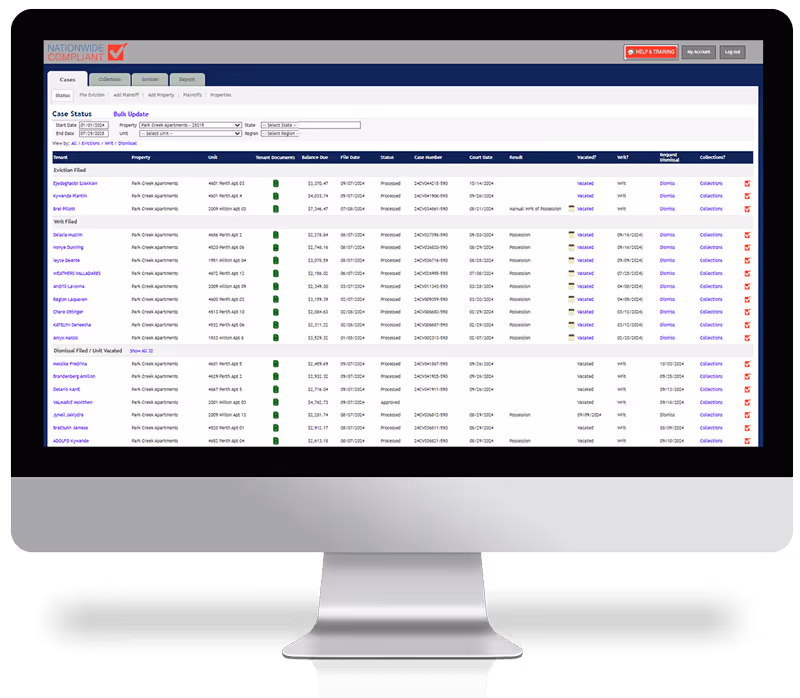 A desktop monitor with a screenshot of ResMan's Lease Compliance software application.