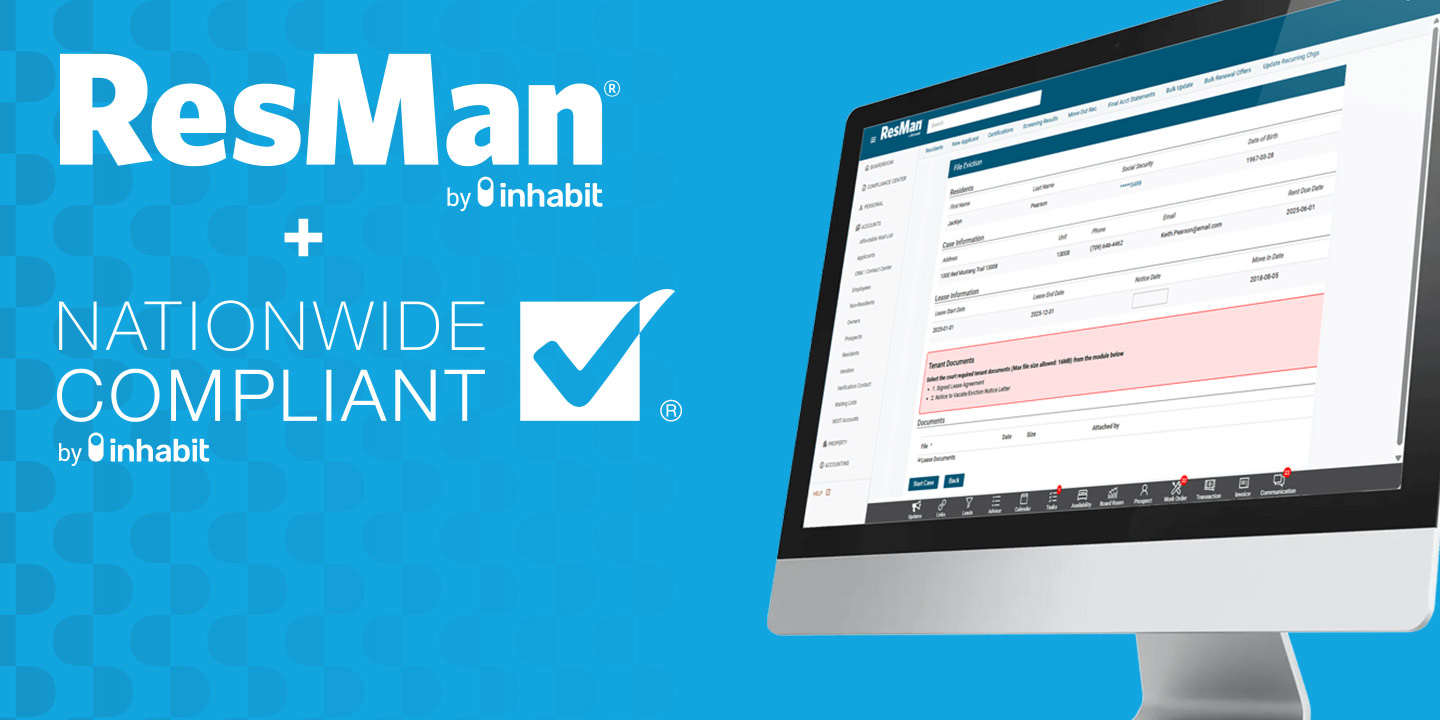 Image of a desktop computer with a screenshot of the Lease Compliance screen from the ResMan software platform.
