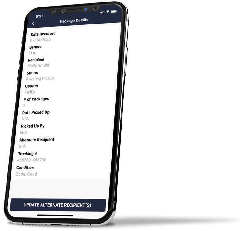 Angled iPhone with the ResMan Package Notification portal open