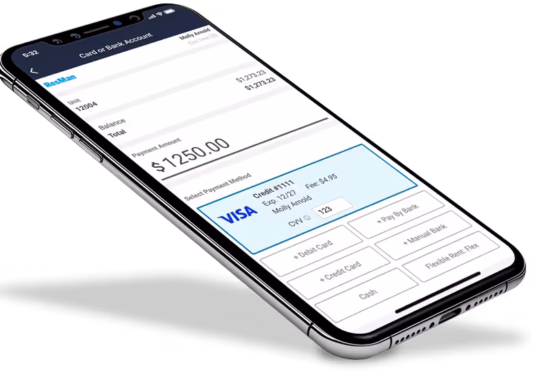 iPhone with a screenshot of the ResMan app resident payment page