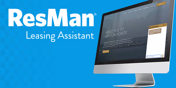 ResMan Leasing Assistant logo with an image of a computer monitor with the Leasing Assistant chatbot window open.