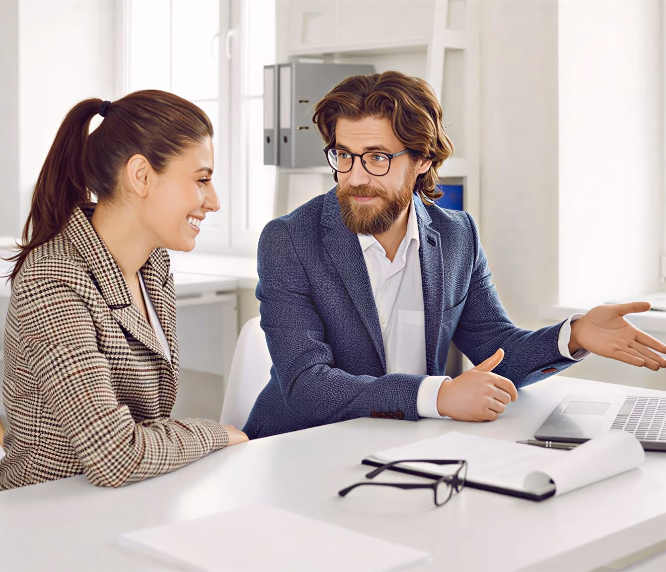 Man and woman in business attire having a discussion in a bright office at a white desk with a laptop.