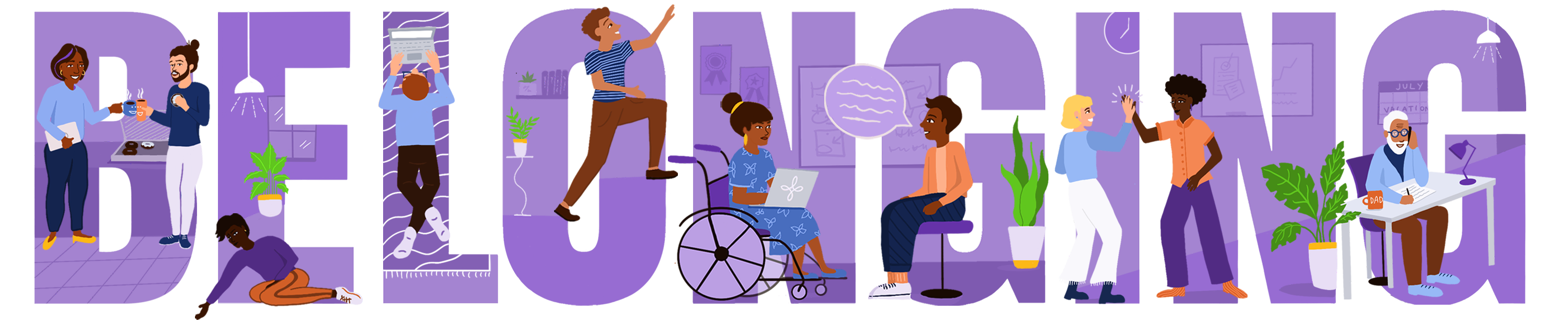 The word Belonging which has been illustrated and includes a diverse group of people within the letters.