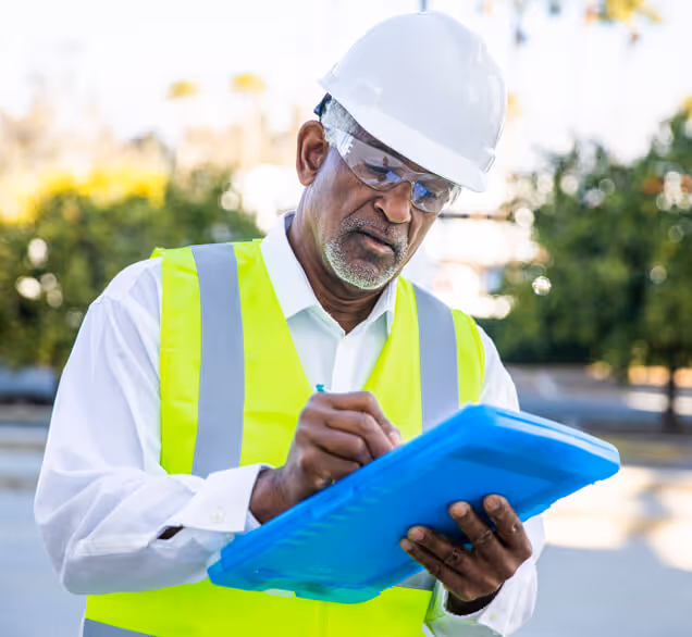 Construction worker wearing a white hard hat and neon yellow safety vest writing on a blue clipboard outdoors.