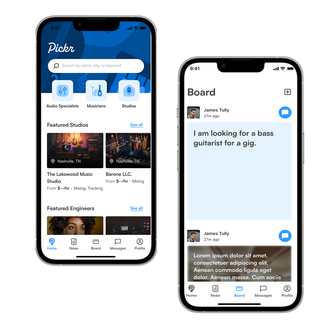 Mobile app design and development for a comprehensive music industry marketplace connecting studios, engineers, and session musicians