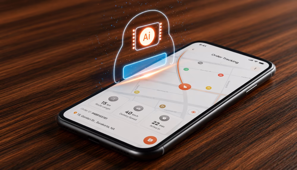 A modern smartphone resting on a wooden surface displays a delivery tracking app with a map, route path, and delivery statistics. Hovering above the screen is a glowing holographic AI assistant icon outlined in blue and white with an orange AI chip at its center, surrounded by subtle particle effects that create a futuristic augmented-reality appearance. The warm wood grain contrasts with the cool neon lighting, emphasizing the blend of AI technology and mobile app functionality.