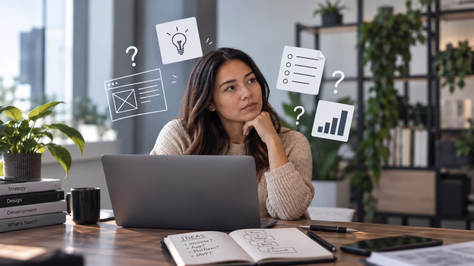 Thoughtful client at a laptop surrounded by question marks, wireframes, a checklist and chart illustrations representing uncertainty around a digital project.