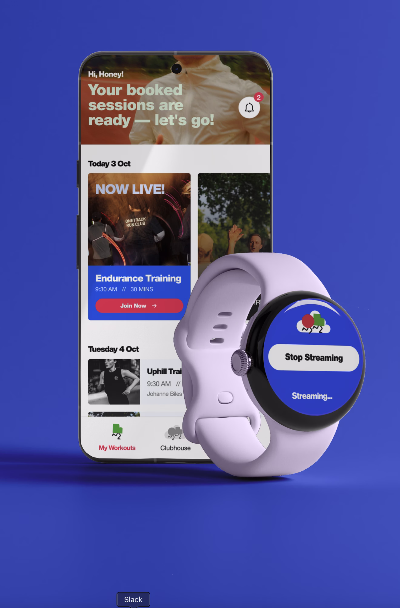 One Track Club mobile app displayed on a smartphone alongside a smartwatch streaming live workout biometrics, set against a vibrant blue background
