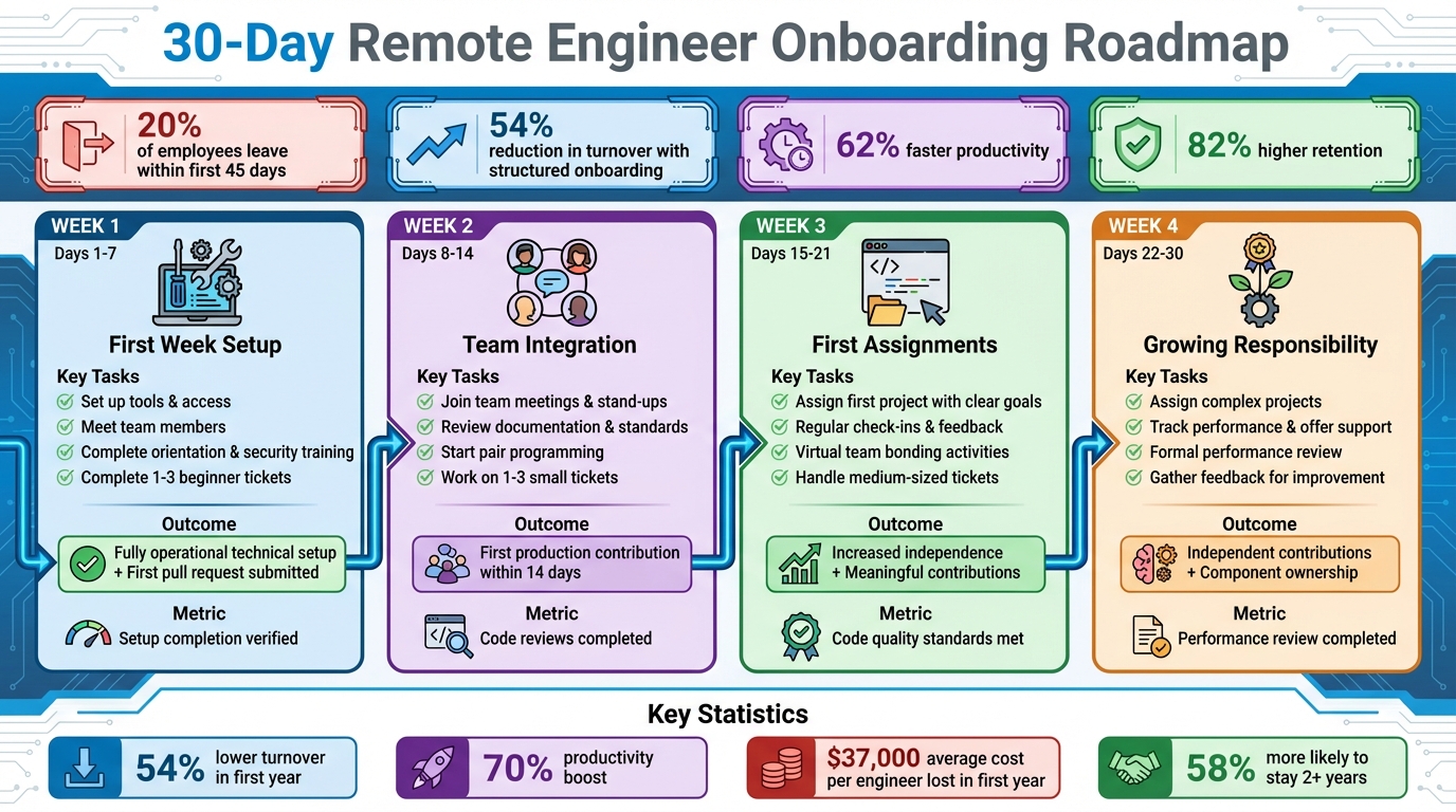 30-Day Remote Engineer Onboarding Timeline with Key Milestones and Metrics