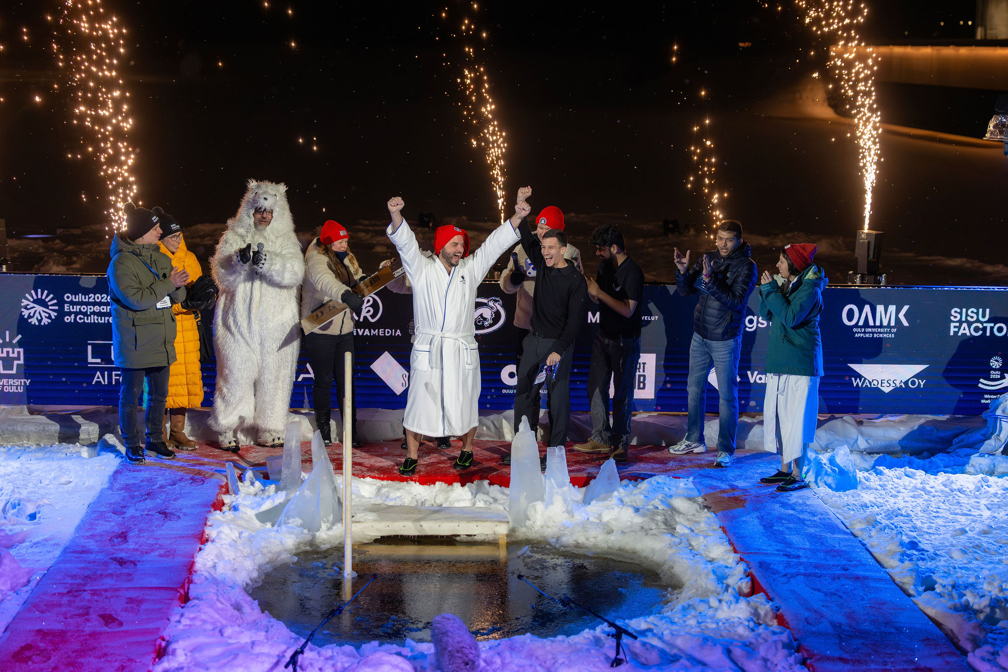 Entrepreneur pitching in an ice bath during Polar Bear Pitching