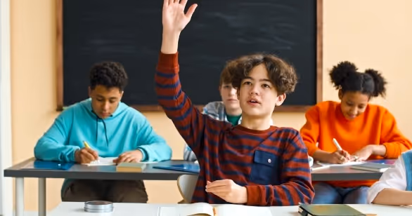 Child raising hand in classroom – symbolising helping children thrive in foster care