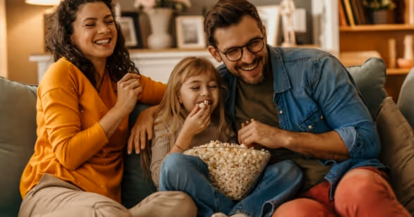 Foster family laughing together on the sofa, sharing popcorn during quality time at home.