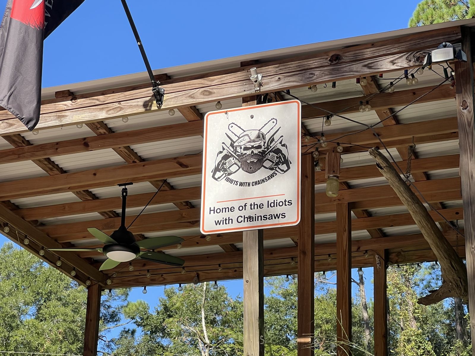 Home of the Idiots with Chainsaws sign on Fish River