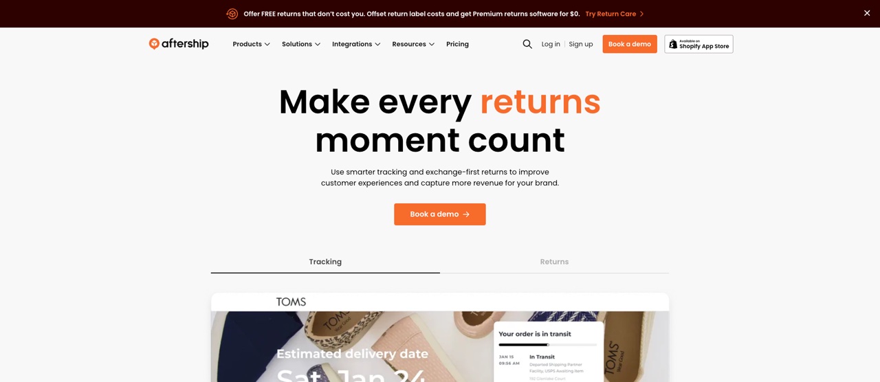 AfterShip returns and tracking platform homepage