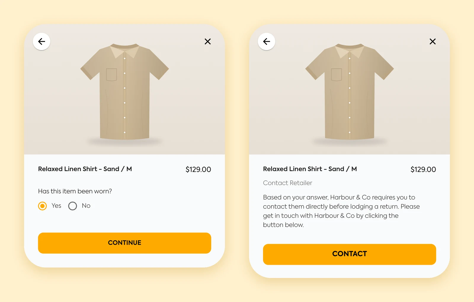 Shopper answers Yes to 'Has this item been worn?' and sees a Contact Retailer screen instead of lodging the return