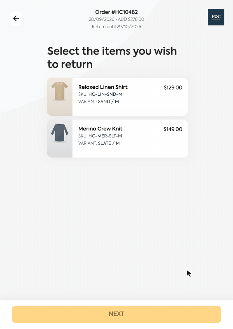 A shopper picks Too small as the return reason and Refundid suggests the same shirt one size up as an exchange