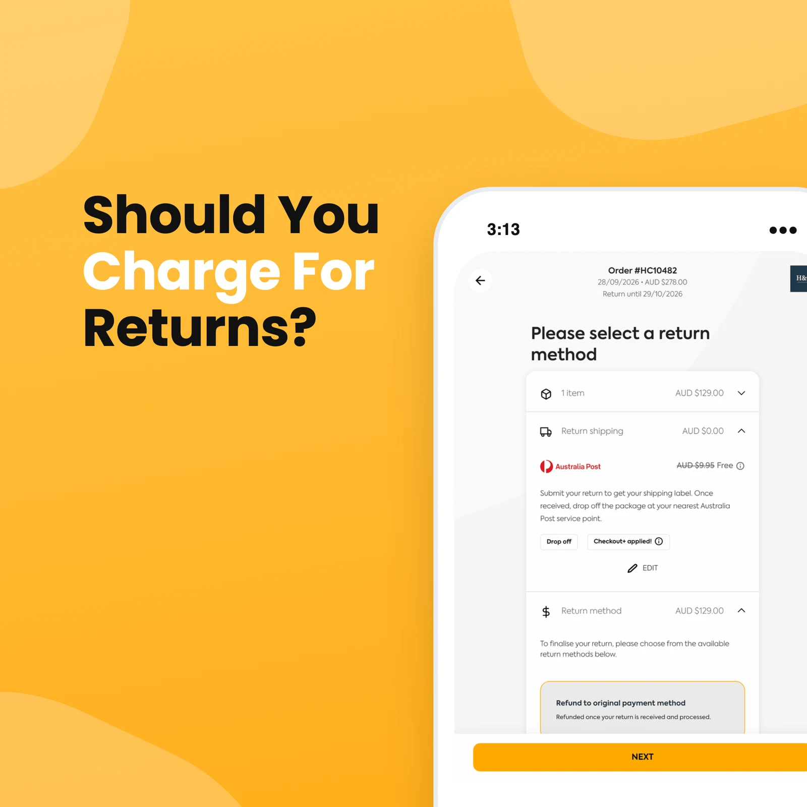 Should you charge for returns? A return summary showing the label marked Free with Checkout+ applied