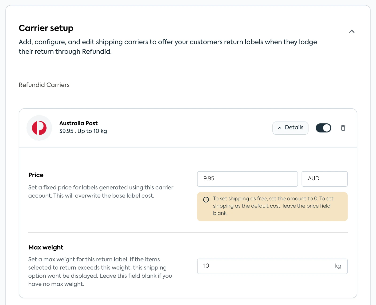 Carrier setup in the Refundid merchant portal with the Australia Post return label price set to $9.95 AUD