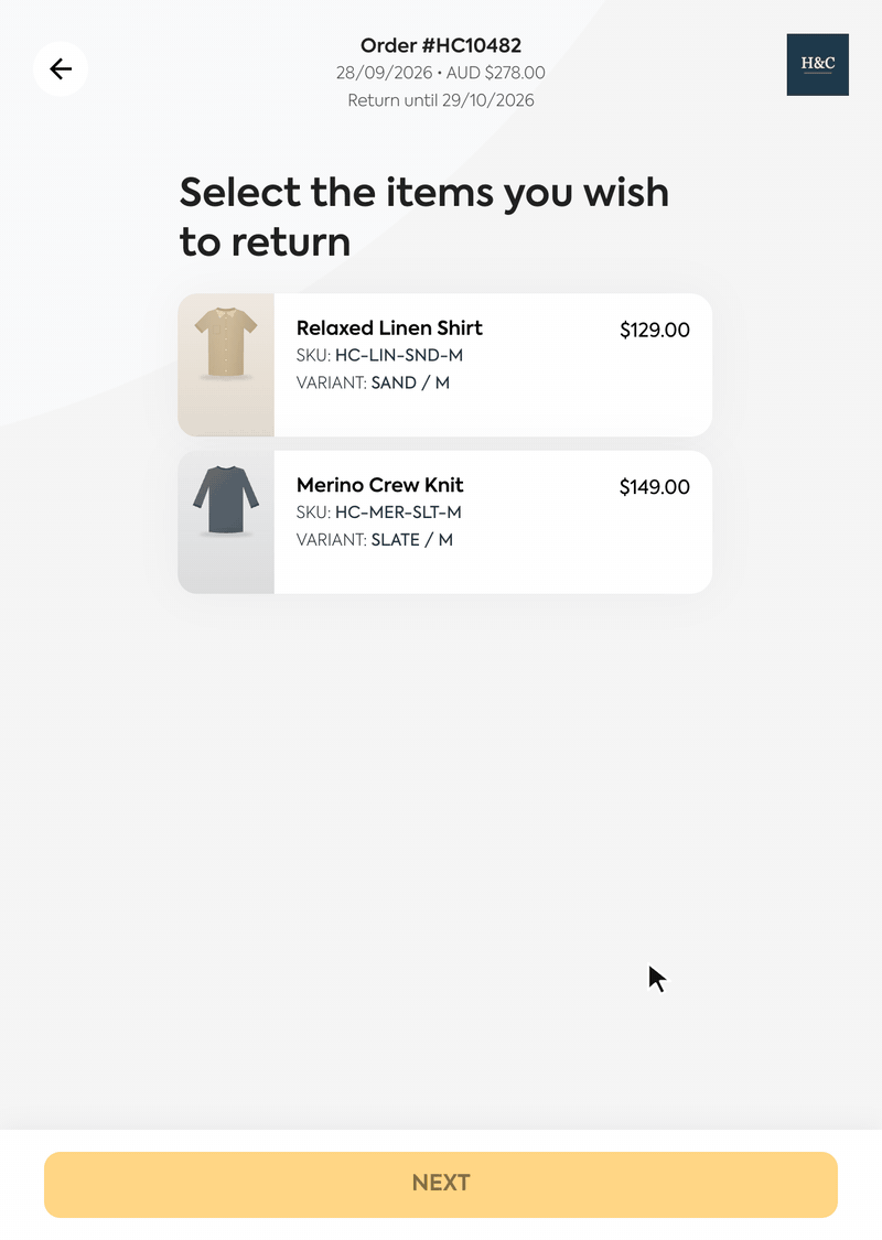 A shopper with Checkout+ picks a shirt to return, chooses Too small, and sees the Australia Post label marked Free with a Checkout+ applied tag