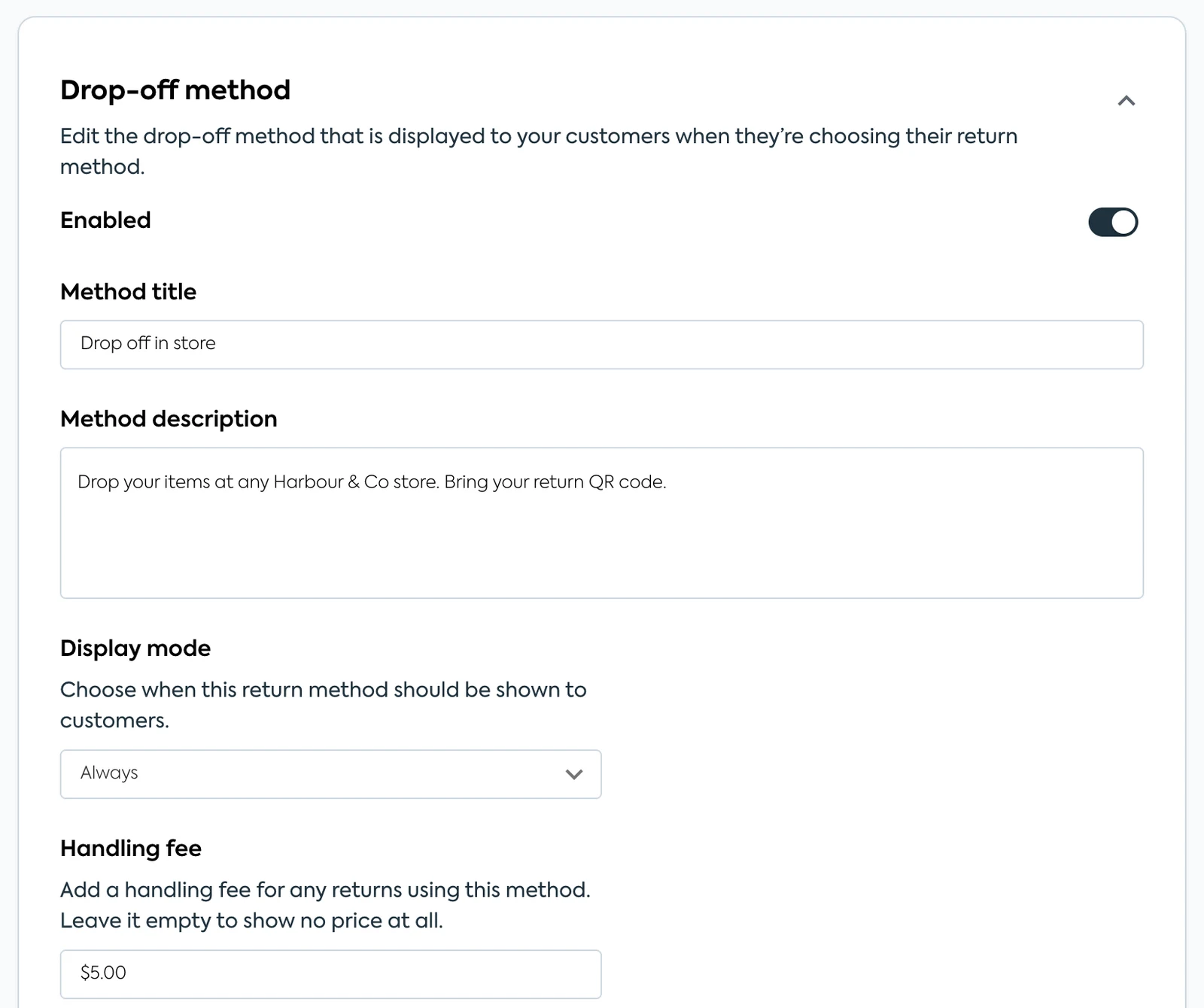 Drop-off method settings in the Refundid merchant portal with a $5.00 handling fee on Drop off in store