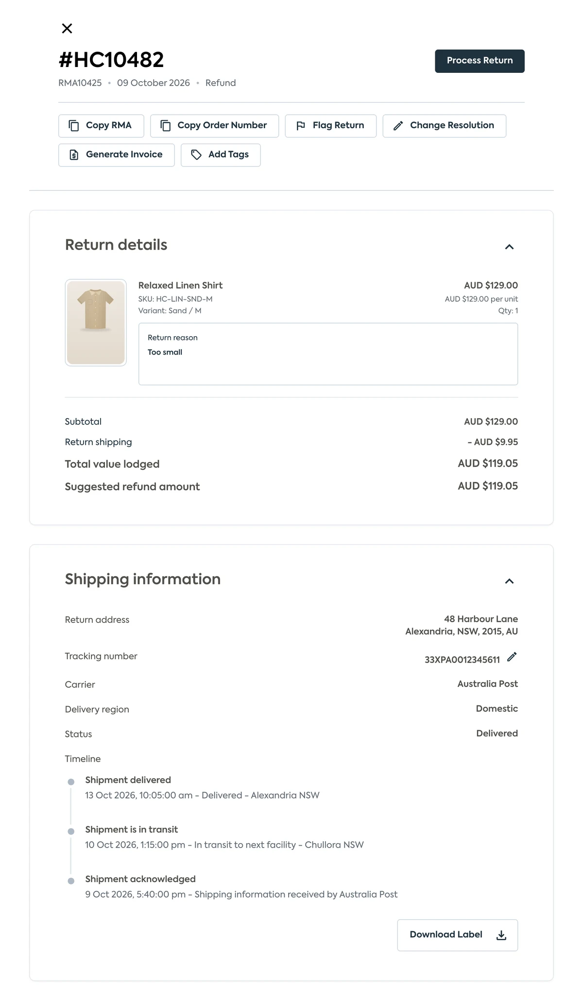 A single return in the Refundid merchant portal: RMA10425 with the item, return reason, refund amount, carrier tracking and label