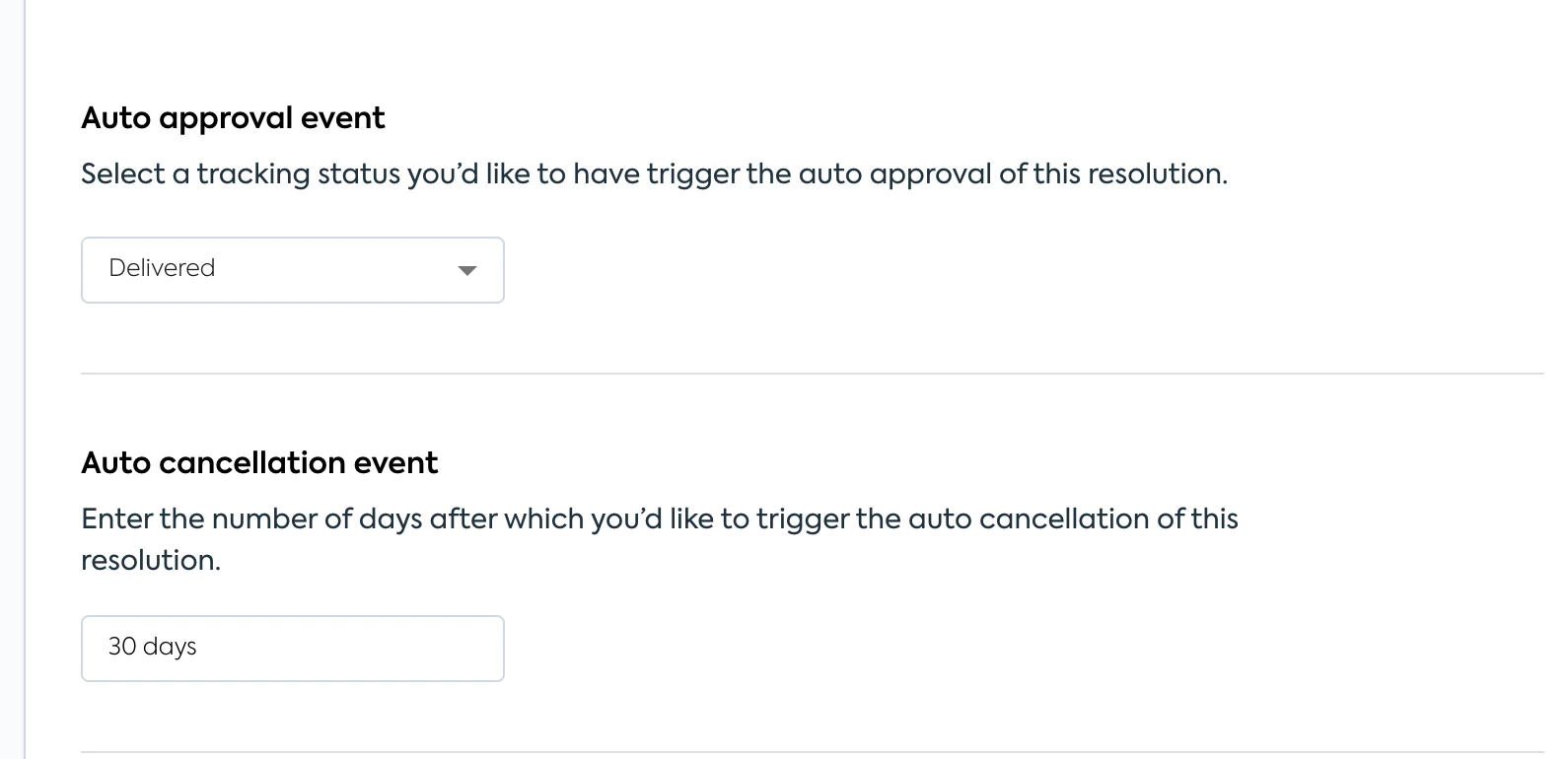 Refundid resolution settings with auto approval on the Delivered tracking status and auto cancellation after 30 days