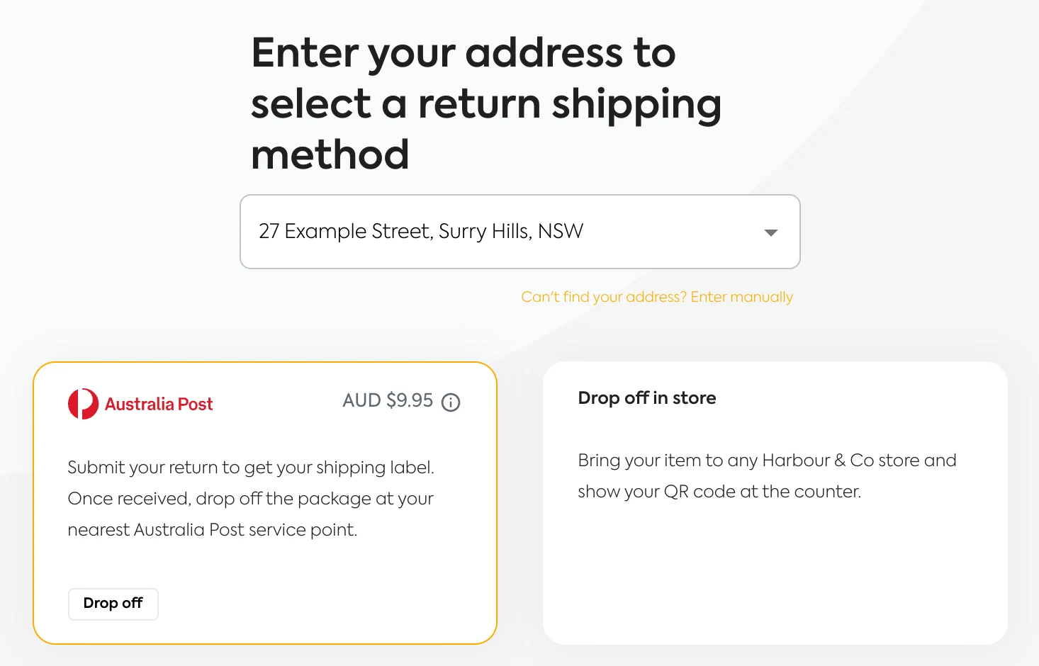 Customer returns portal offering two return methods: a prepaid Australia Post label or drop off in store