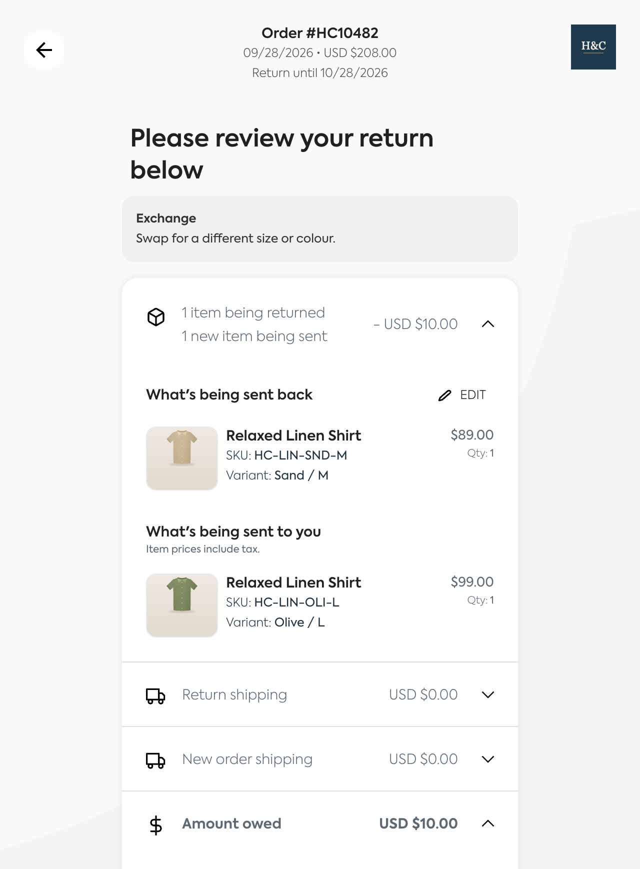 When the new item costs more, the customer sees the amount owed before lodging