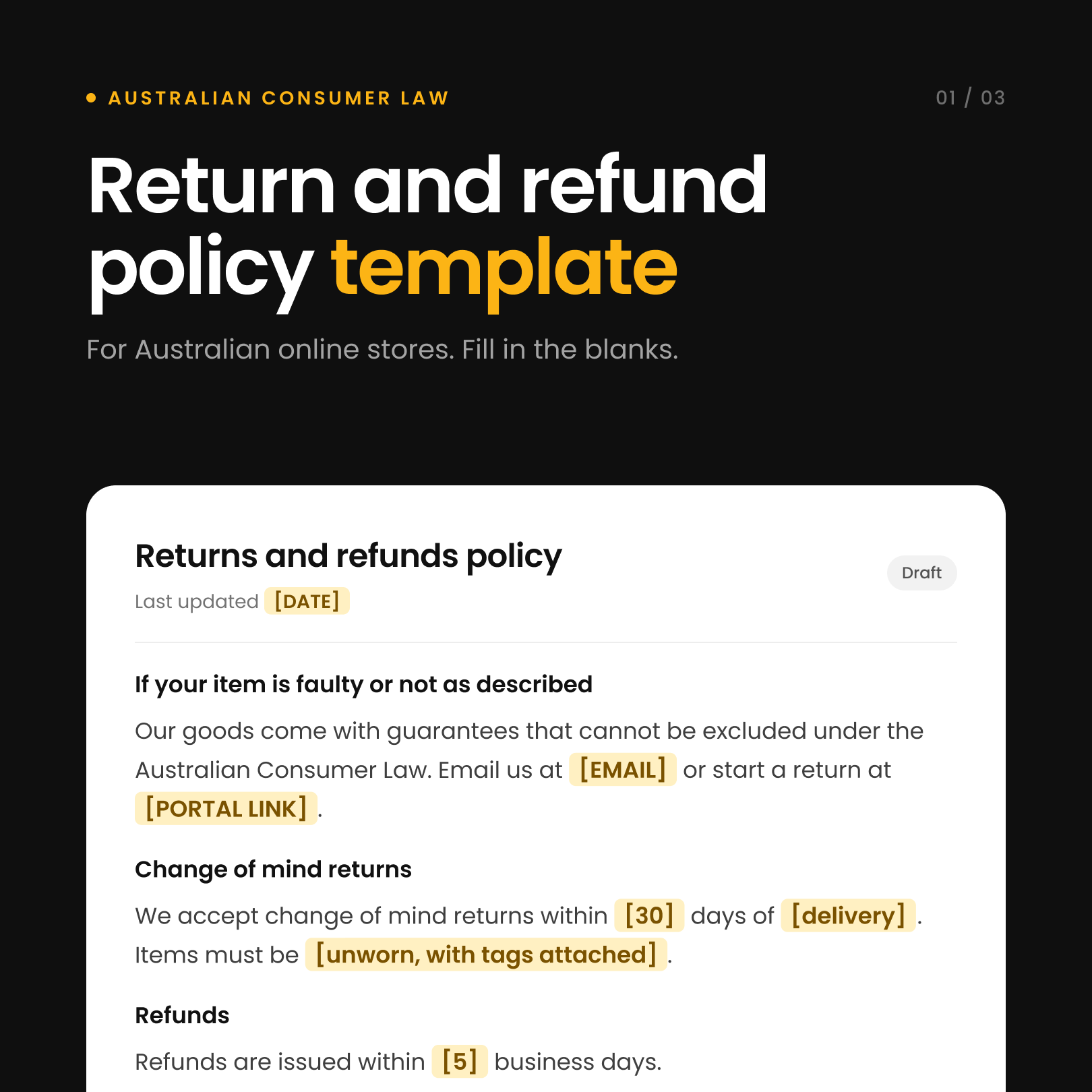 Return and refund policy template for Australian online stores