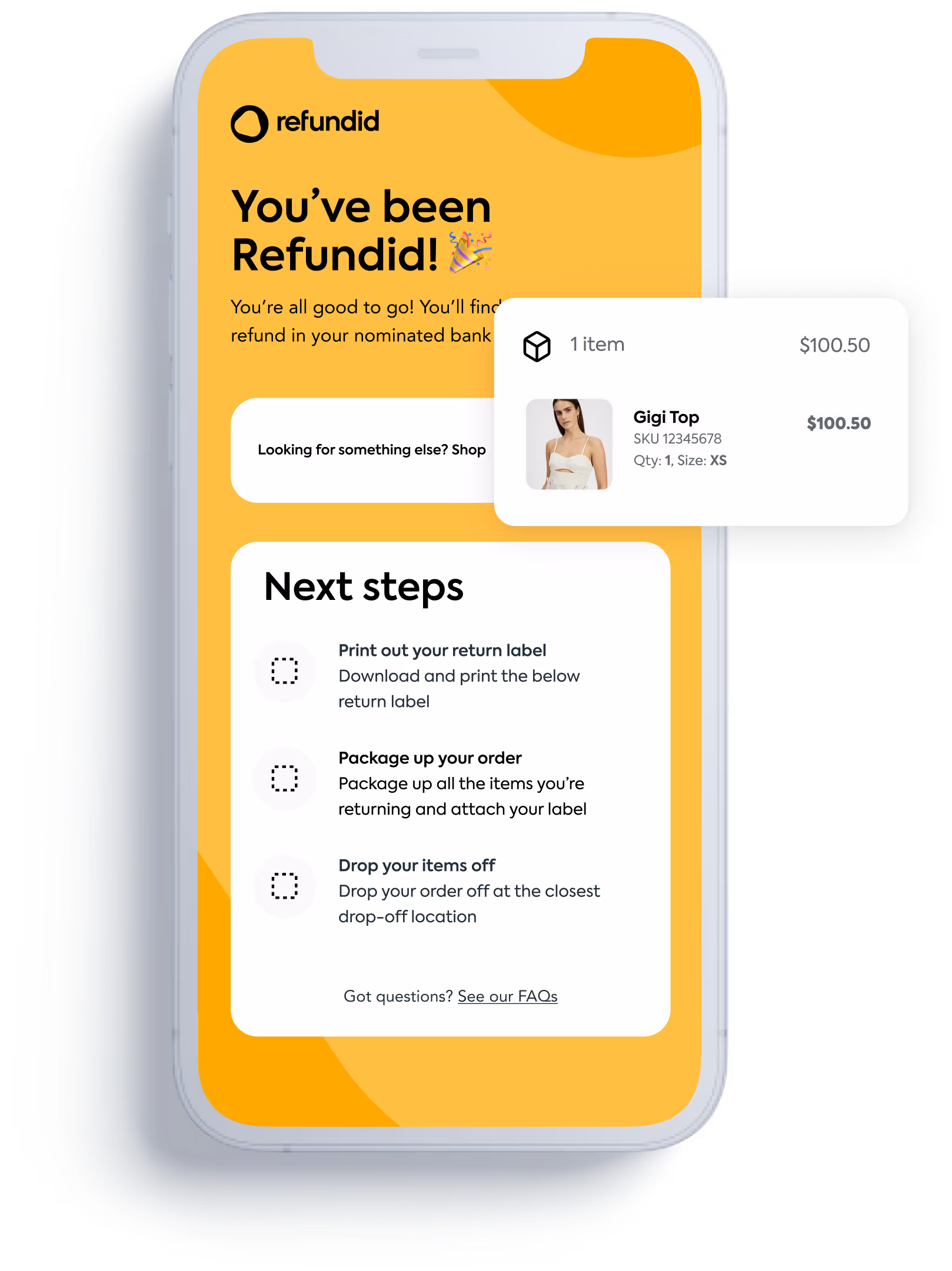 A successful instant refund through Refundid