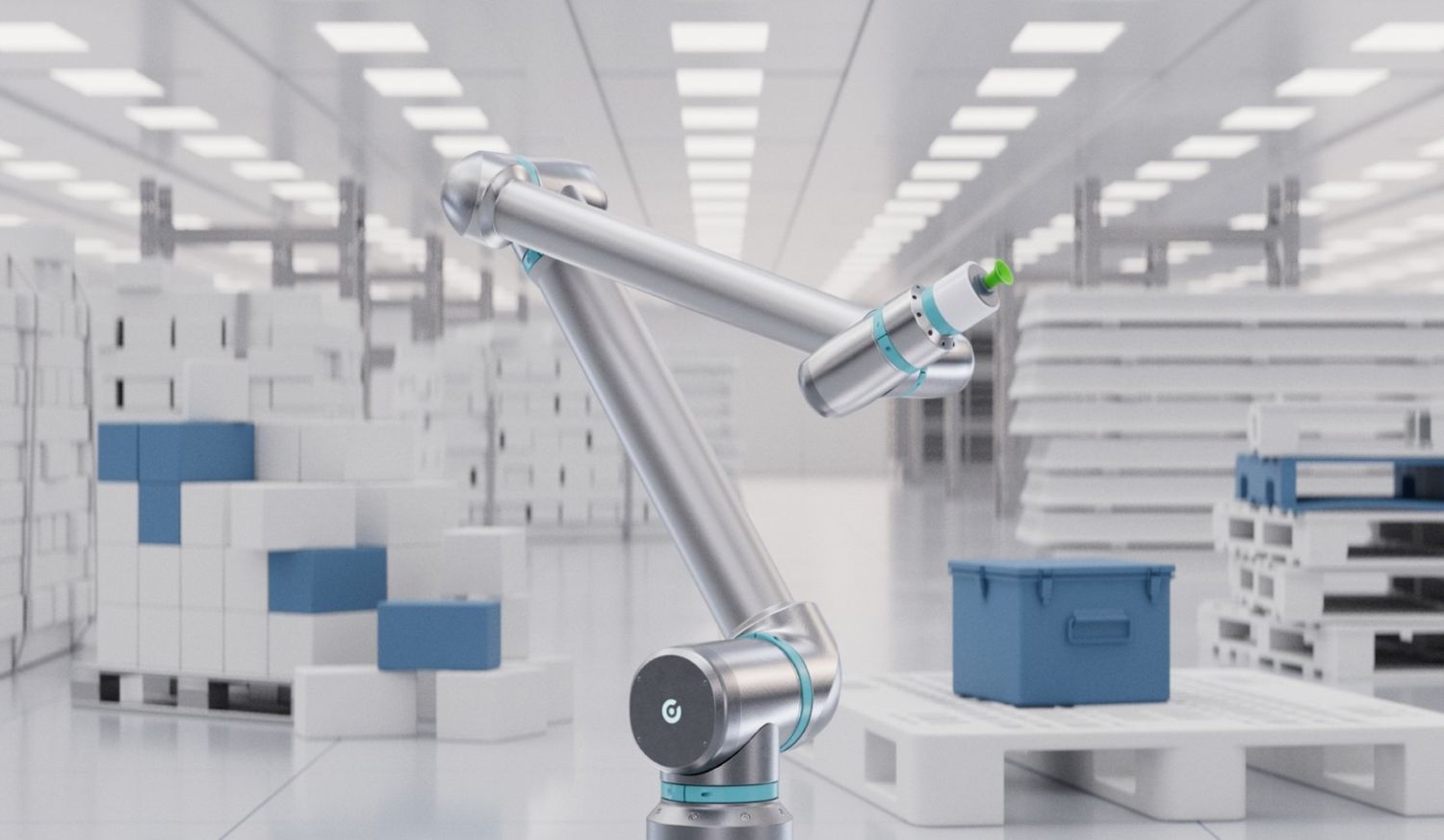 Ein Roboterarm in einem stilisierten, hellen Lagerhaus, der eine komplexe Bewegung ausführt; eine Visualisierung von Konzepten wie der Jacobian-Matrix in der Roboterkinematik.